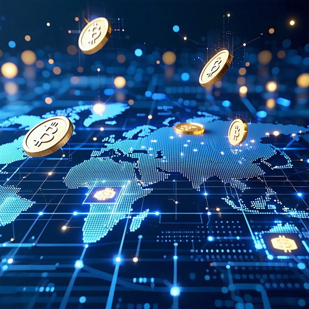 A modern highresolution header image for a professional fintech webinar landing page The visual should feature a digital representation of stablecoins eg USDC USDT symbolized as glowing coins or tokens floating above a network grid or blockchaininspi-1-1